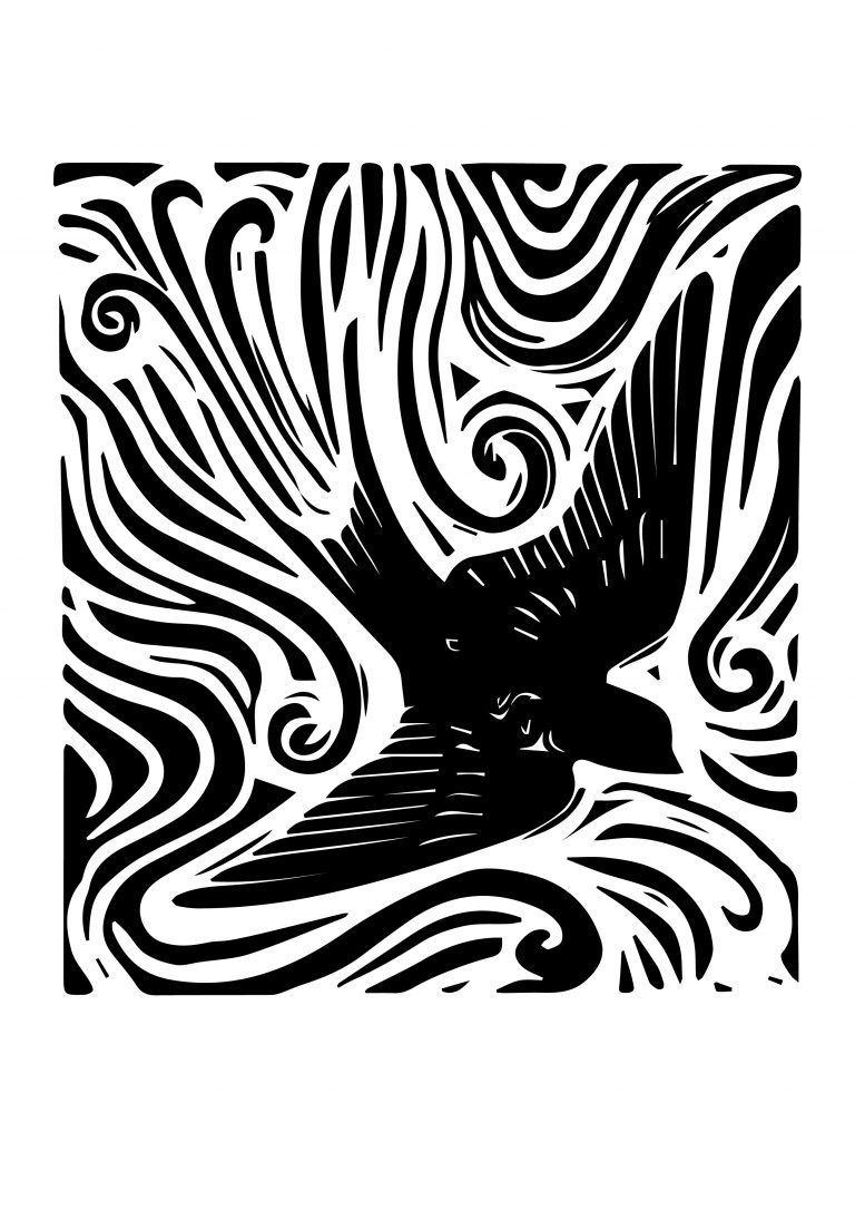 Pájaro con líneas redondeadas alrededor. Dibujo en blanco y negro.